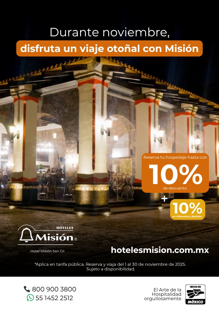 Aprovecha durante noviembre un viaje otoñal

 🚨 ¡Reserva en nuestros medios oficiales!
🌐hotelesmision.com.mx 
📞800 900 3800
🤳🏽WhatsApp: 55 1452 2512
👩🏽‍💻O solicita tu cotización a través de nuestro formulario: bit.ly/467rlp1

#HotelesMisión #ViajaConMisión