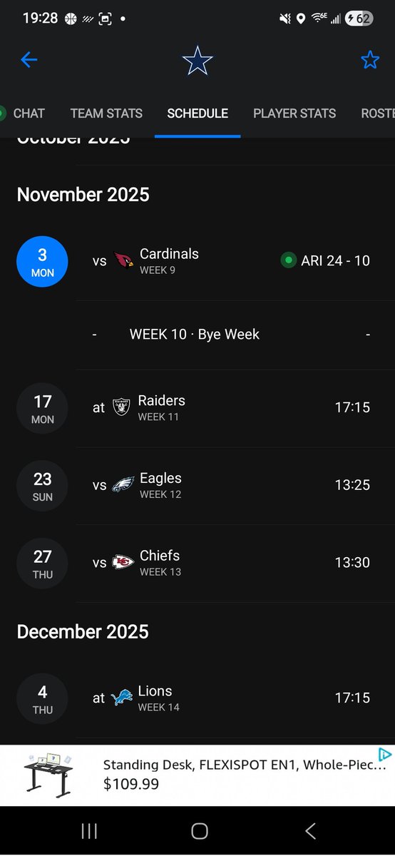 Lol MNF again after their bye 

Then fox national 

Thanksgiving Cowboys vs Indians

And then another Thursday game against Lions