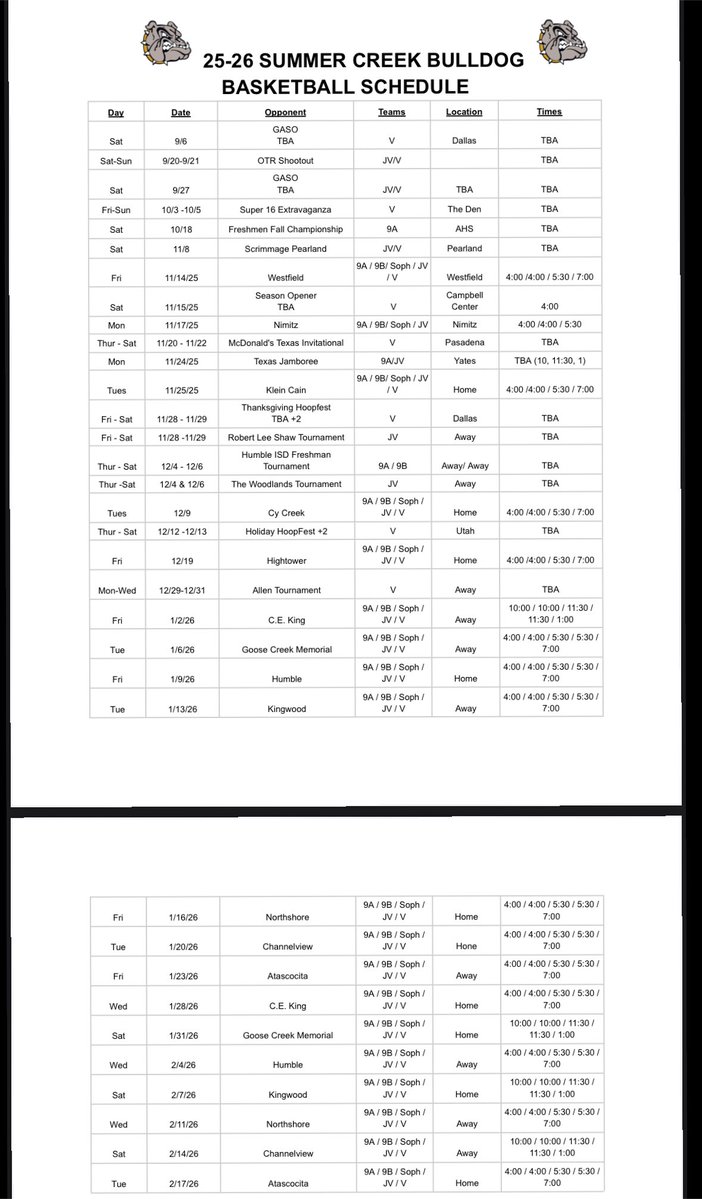 Summer Creek 2025-2026 Basketball Schedule‼️