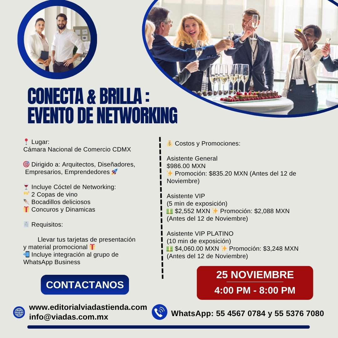 Conecta &amp; Brilla: networking noviembre 2025
Contacto: WhatsApp: 55 4567 0784 | 55 5376 7080
Fecha: Martes 25 de Noviembre 2025
Hora: De 4:00 PM a 8:00 PM
Lugar: Cámara Nacional de Comercio CDMX
#Networking #CDMX #Eventos #Negocios #reunion