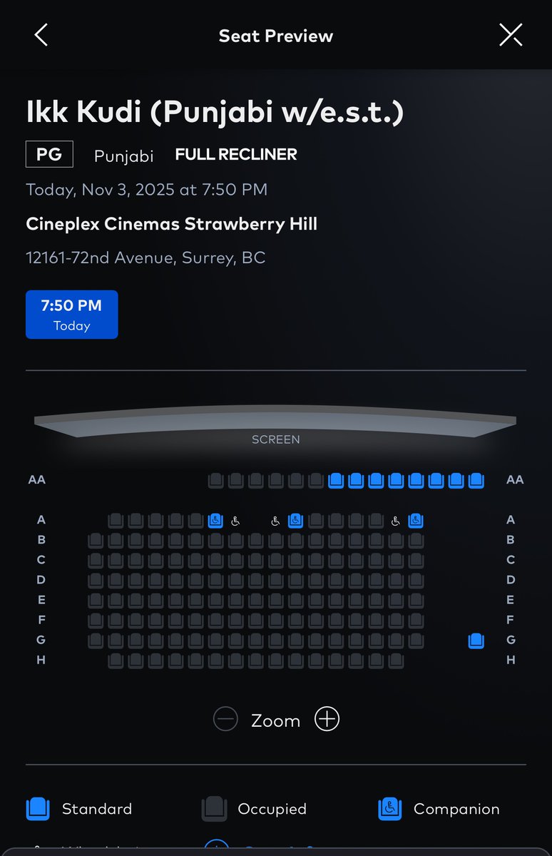 Ammy_ravy's tweet photo. Sanu your movie is going so  good in Surrey Canada. Trying to book tickets since Saturday but still it’s mostly sold out and only the front row is available which is not worth buying. Congratulations sweetheart @ishehnaaz_gill  #IkkKudi https://t.co/YYyJ5CBbPx