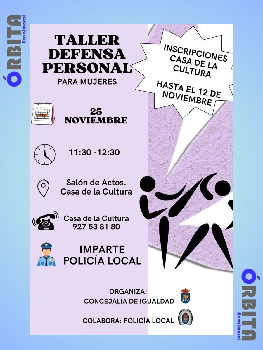 👮‍♂️🤼‍♀️   La Concejalía de Igualdad del <a href="/ayto_navalmoral/">Ayto Navalmoral</a> junto con la Policía Local <a href="/092Navalmoral/">Policía Local Navalmoral de la Mata</a> ha organizado un taller gratuito de DEFENSA PERSONAL PARA MUJERES, dentro de la programación del 25-N, Día Internacional de la Eliminación de la Violencia contra la Mujer.