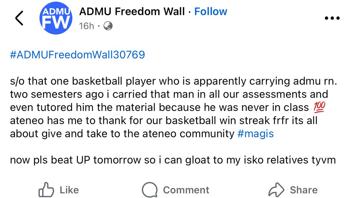 Kapag binato na naman ng baby bra warriors ang UP ng bato, ito na lang isend nyo. Yung mga Ateneans mismo, happy happy pa sa comment section. Kayo lang mga baby bra ang pinaglihi sa sama ng loob.