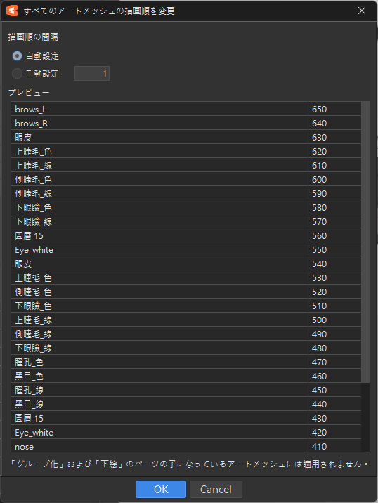 之前一直在想，Live2D匯入檔案後圖層順序全部都會預設500，想要他按照PSD檔自動把描画順改成間格開來的樣子，不知道怎麼做

跑去翻官方手冊，還真的有這個功能！！
我之前還用自動テンプレート就只為了讓他的描画順自己排好XDDDDD現在他可以自己分開排好了！