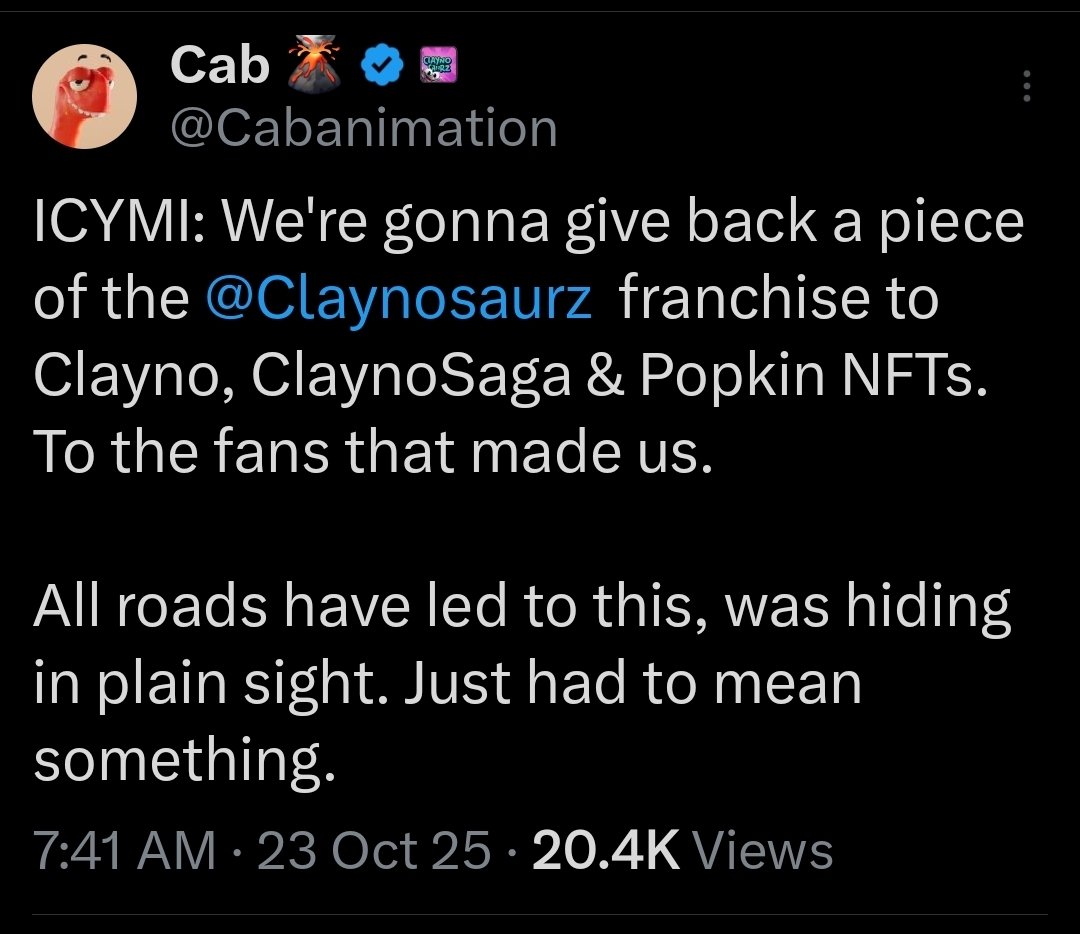 swivaljaw's tweet photo. Posting this again to make sure people didn't miss it. Claynosaurz and popkin holders will become co-owners of the @Claynosaurz franchise. I don't think this has ever been done before with an nft project, especially not one this promising. As David H. would say Claystorical 🌋🦖 https://t.co/PzDGfSfBCS