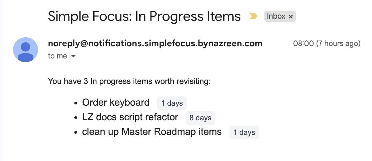 toolsbynazreen's tweet photo. Added email reminders for In Progress items (excludes Backlog and excludes Snoozed items) and email them to me.

For now, this feature is experimental and runs only for my personal account. Might make it available to other users if there will be users. #buildinpublic https://t.co/NNCON37lsf