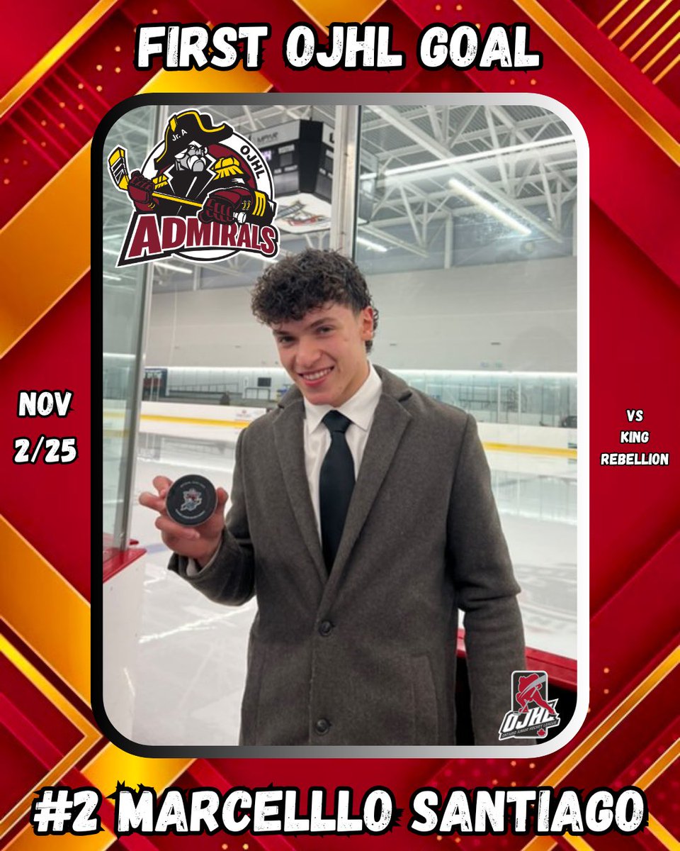 AdmiralsJrA's tweet photo. Congrats to our blue liner Marcello Santiago on scoring his first career @OJHLOfficial goal vs the @rebellionojhl, in a 4-1 victory! 🎯👏🏻
•
•
#AdmiralsHockey #StandByTheAdmirals #TrustTheProcess #OJHL #JuniorA #RegularSeason https://t.co/erelEKzhhD