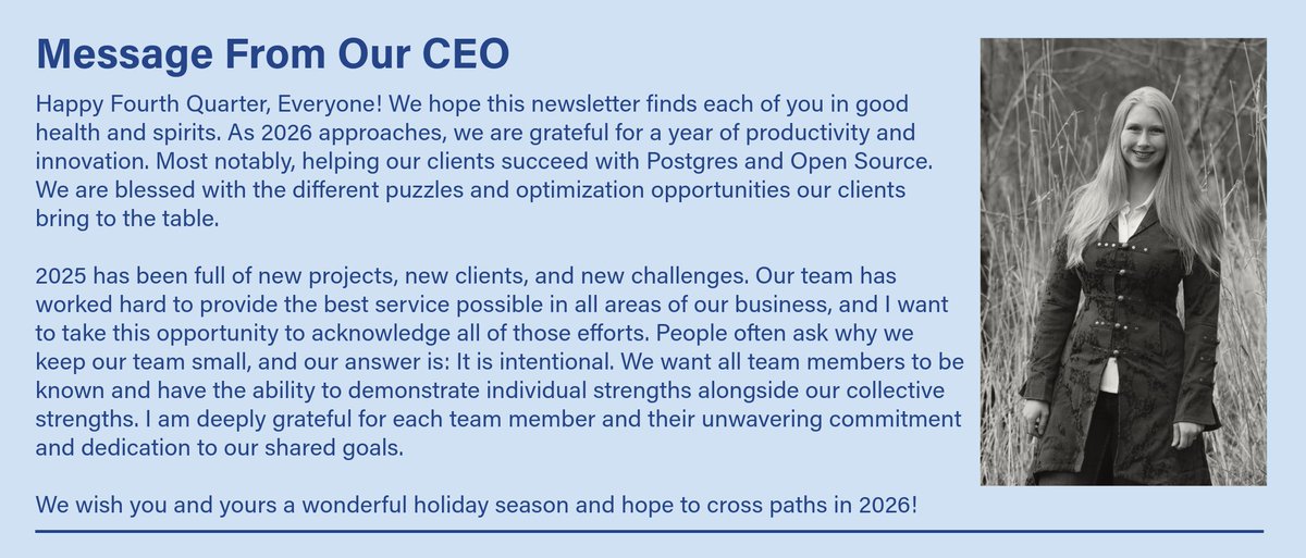 Our Q4 newsletter is here: Intention, Gratitude &amp; Opportunity ✨

Inside: A message from <a href="/cmdpromptinc/">Command Prompt, Inc.</a> CEO Amanda Nystrom, team spotlight, new initiatives (PgLTS &amp; PgManage), upcoming events &amp; more!

Read and subscribe at cmdpromptinc.substack.com/p/2025-q4-news…

#Postgres