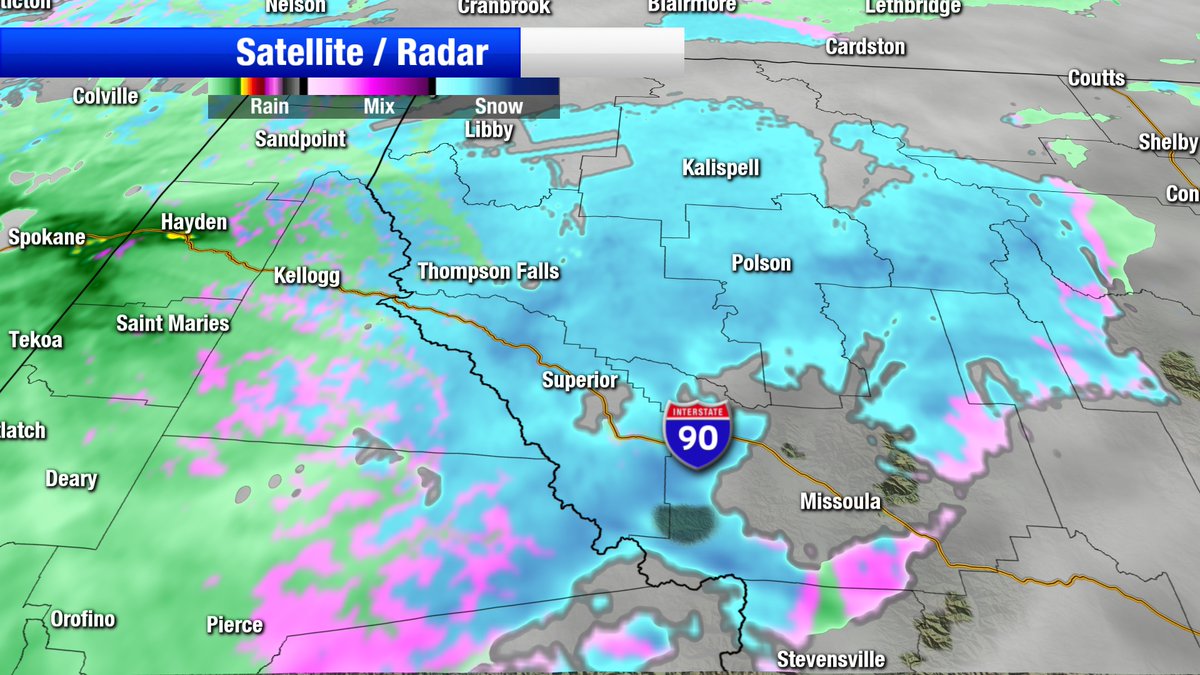 MarkHeyka's tweet image. A surge of moisture will bring widespread snow to northwest Montana. Radar shows snow west of Missoula along I-90 to Lookout Pass, in the Flathead and Mission Valleys extending west to Libby and east to the divide.
 #NonStopLocal #ABCFoxMontana #mtwx