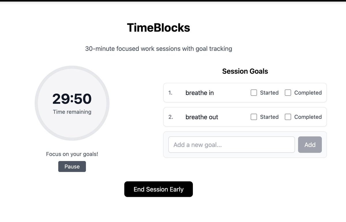 toolsbynazreen's tweet photo. Created a new app - TimeBlocks.

I found myself using the timers to do 'Pomodoro' work rounds so much and then separately keeping track of the session goals. Felt like it was natural to make this app inside SimpleFocus.

Set your goals, start the 30-min timer.

#buildinpublic https://t.co/sT3UI4Cv5U