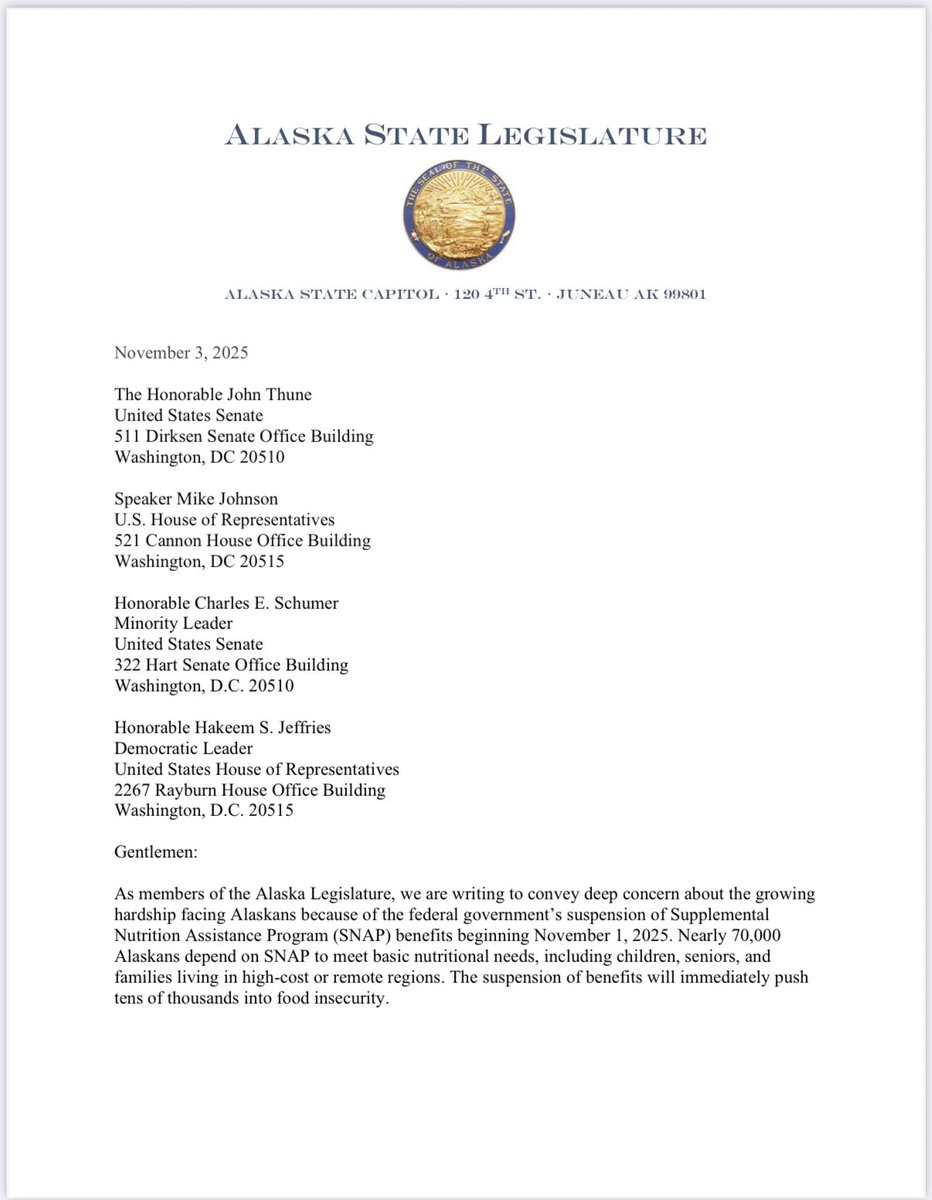 RepVance's tweet image. 🥘SNAP CHATS
Governor Dunleavy is right: food insecurity in Alaska is a serious concern. Today, he declared a state emergency for the next 30 days to make sure we are prepared to help Alaskans should the government shutdown continue. Too many families are struggling just to put…