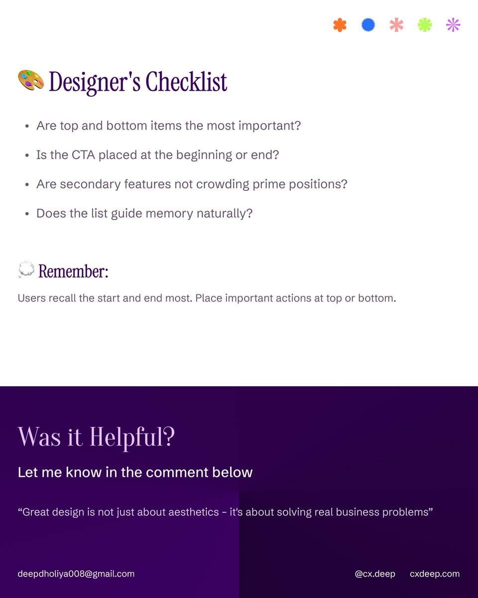 cx_deep_'s tweet image. Ever wondered why users click the first or last button — but ignore the middle ones?

That’s the Serial Position Effect at work.
Users remember the start and end, not what’s in between.

Here’s how to apply it in UX 👇
- Top = Prime Spot: Place your most important actions first…