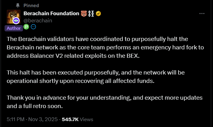 gemxnetworkvn's tweet photo. 🚨 Toàn cảnh vụ Hack Balancer Vault: Tác Động Thị Trường Crypto & Các Chain Liên Quan

Vụ hack @Balancer  V2 hôm qua là một sự kiện cực kỳ nghiêm trọng trong lịch sử DeFi, với tổng thiệt hại $110-129 triệu USD.

Đây là một trong những vụ khai thác lớn nhất của DeFi, và tác động của nó đã lan rộng khắp thị trường crypto.

Các chain bị ảnh hưởng : @ethereum , @base , @Optimism , @0xPolygon,  @SonicLabs , và @berachain 

🚨 Cơ Chế Tấn Công:

vụ hack là một cuộc tấn công phức tạp dựa trên:

+ Lỗi kiểm soát truy cập (Access Control Flaw) : Attacker khai thác lỗ hổng trong V2 Composable Stable Pools

+ Thao túng Invariant : Attacker thao túng bất biến của stable pool, làm méo mó tính toán giá BPT (Balancer Pool Token)

+ Arbitrage qua BatchSwap : Sử dụng hoạt động batchSwap để thực hiện arbitrage, lợi dụng sự không đối xứng trong độ chính xác scaling và hướng làm tròn

+ Rút thanh khoản : Rút thanh khoản với giá BPT bị áp chế, kiếm lợi nhuận từ sự chênh lệch

🚨 Trong đó Berachain là thiệt hại nặng nhất:

@berachain  phải dừng toàn bộ mạng để thực hiện emergency hard fork, gây ra sự bất ổn lớn

Hành động khẩn cấp:

Validators của Berachain đã tạm dừng mạng để ngăn chặn thiệt hại thêm

Các sàn giao dịch như Upbit, Bithumb tạm dừng giao dịch $BERA để chờ hard fork hoàn tất

🚨 Các Vấn Đề Nổi Lên

1. Sự Tin Tưởng Vào Audit Bị Lung Lay

Balancer đã tuyên bố rằng nó "đã trải qua kiểm toán rộng rãi bởi các công ty hàng đầu", nhưng vụ hack vẫn xảy ra. Điều này đặt câu hỏi về chất lượng audit trong ngành DeFi.

2. Lỗi Rounding & Precision Scaling

Vụ hack dựa trên sự không đối xứng trong độ chính xác scaling và hướng làm tròn - một lỗi tinh tế mà các auditor có thể bỏ sót. Đây là một cảnh báo về độ phức tạp của các smart contract hiện đại.

3. Tác Động Domino Trên Các Fork

Vì Balancer V2 được fork trên nhiều chain, nên các dự án khác cũng bị ảnh hưởng :

@AuraFinance  (yield optimizer dựa trên Balancer) cũng bị ảnh hưởng

@RDNTCapital  đã cảnh báo về dLP tokens và Balancer pools