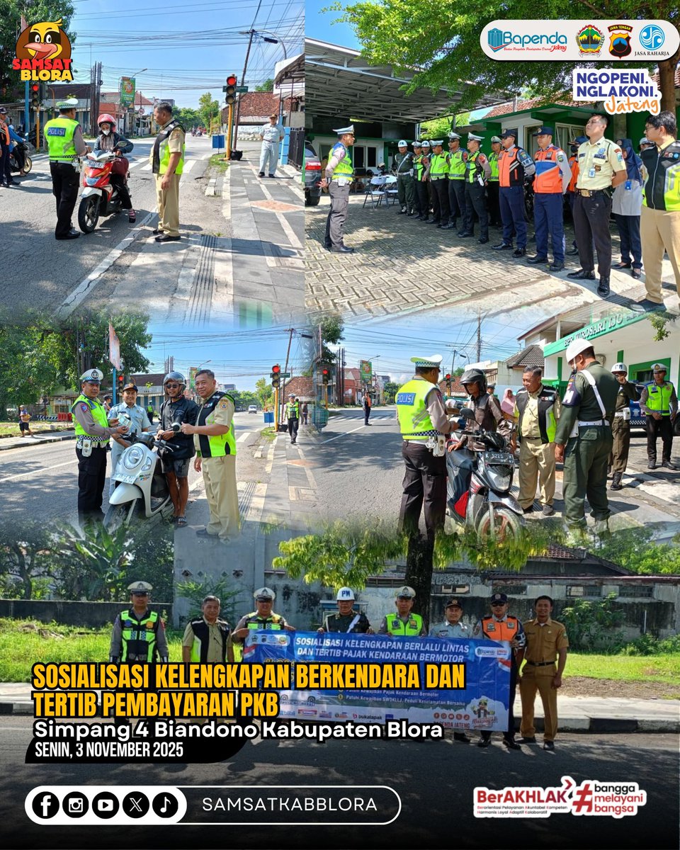 Tim Pembina Samsat Blora bersama dengan Bank Jateng, BPPKAD, Polisi Militer, dan Dinas Perhubungan Kabupaten Blora melaksanakan Sosialisasi Kelengkapan Berkendara dan Kepatuhan Pembayaran PKB di Simpang 4 Biandono, Senin (3/11).

#SamsatJateng
#SamsatBlora
#SamsatBudiman