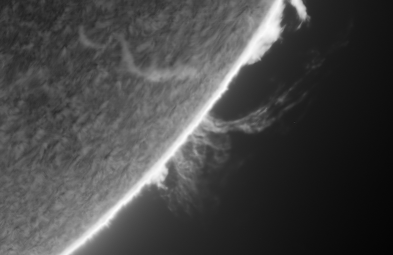 本日の太陽です。　久しぶりに投稿させていただきます。　なんとなく彗星に重きをおいている感がありましたが、やっぱ太陽だなー！！ 南西に出現したプロミネンスです。
2025.11.04 01:09 UT (10:09 JST)
200mmF12 x2.5, Daystar QuantumSE 0.28Å, ASI-174MM, Pentax MS-5 NS5000