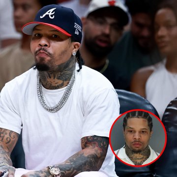 First image shows a man with dreadlocks tattoos and jewelry wearing a white Atlanta Braves cap and white shirt seated at a stadium event surrounded by crowd with inset circular photo of same man in orange jail uniform facing camera. Second image depicts three men in formal attire one with dreadlocks and red San Francisco Giants cap blue outfit and jewelry another with blonde hair and earrings in white patterned shirt and a bearded man in suit at an event with Kaseya Center signage behind. Third image is a screenshot of X post by Jake Paul with text criticizing Gervonta Davis and image of Paul.