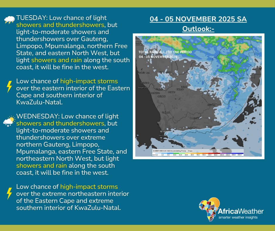 04 - 05 November 2025 Weather Outlook:-
Tuesday and Wednesday forecast.

04/11/2025 Android: goo.gl/Ftg97E | iOS goo.gl/qicR82 #africaweatherapp #AfricaWeather africaweather.com