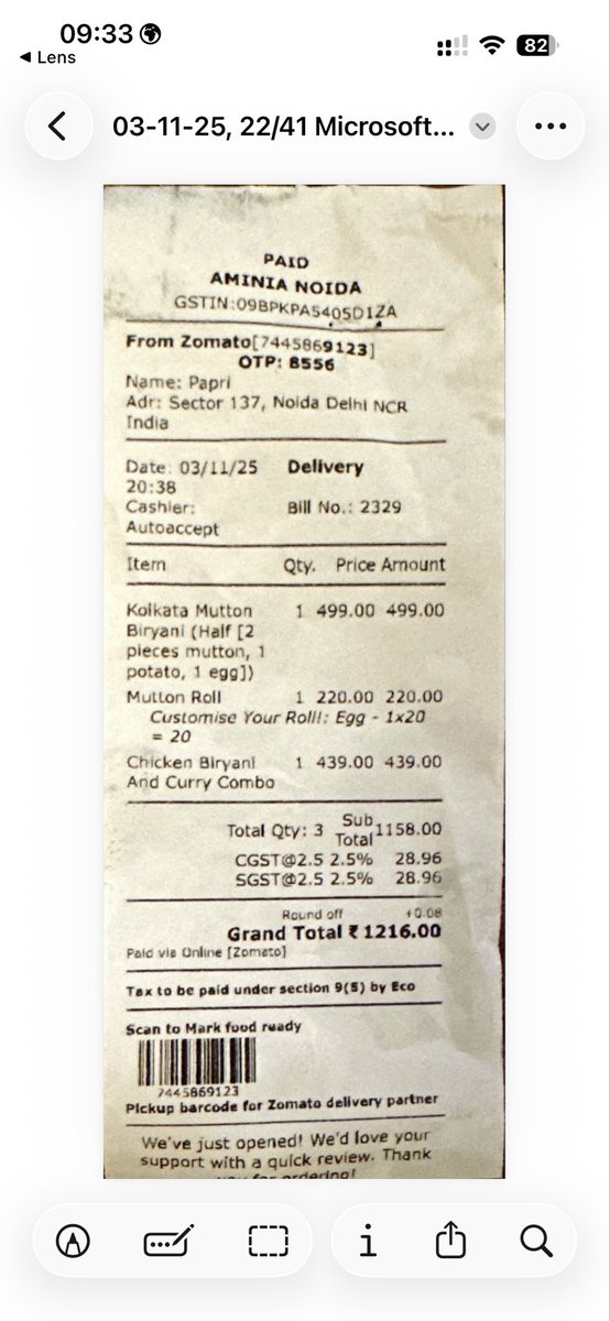AnandaSengupta1's tweet photo. Same restaurant, same order — but @zomato charged ₹89 GST while the restaurant bill shows ₹58 GST.
How is online food taxed more than dine-in?
@GST_Council @FinMinIndia kindly look into this unfair difference. #GST #Zomato https://t.co/p4mfL4jUYL