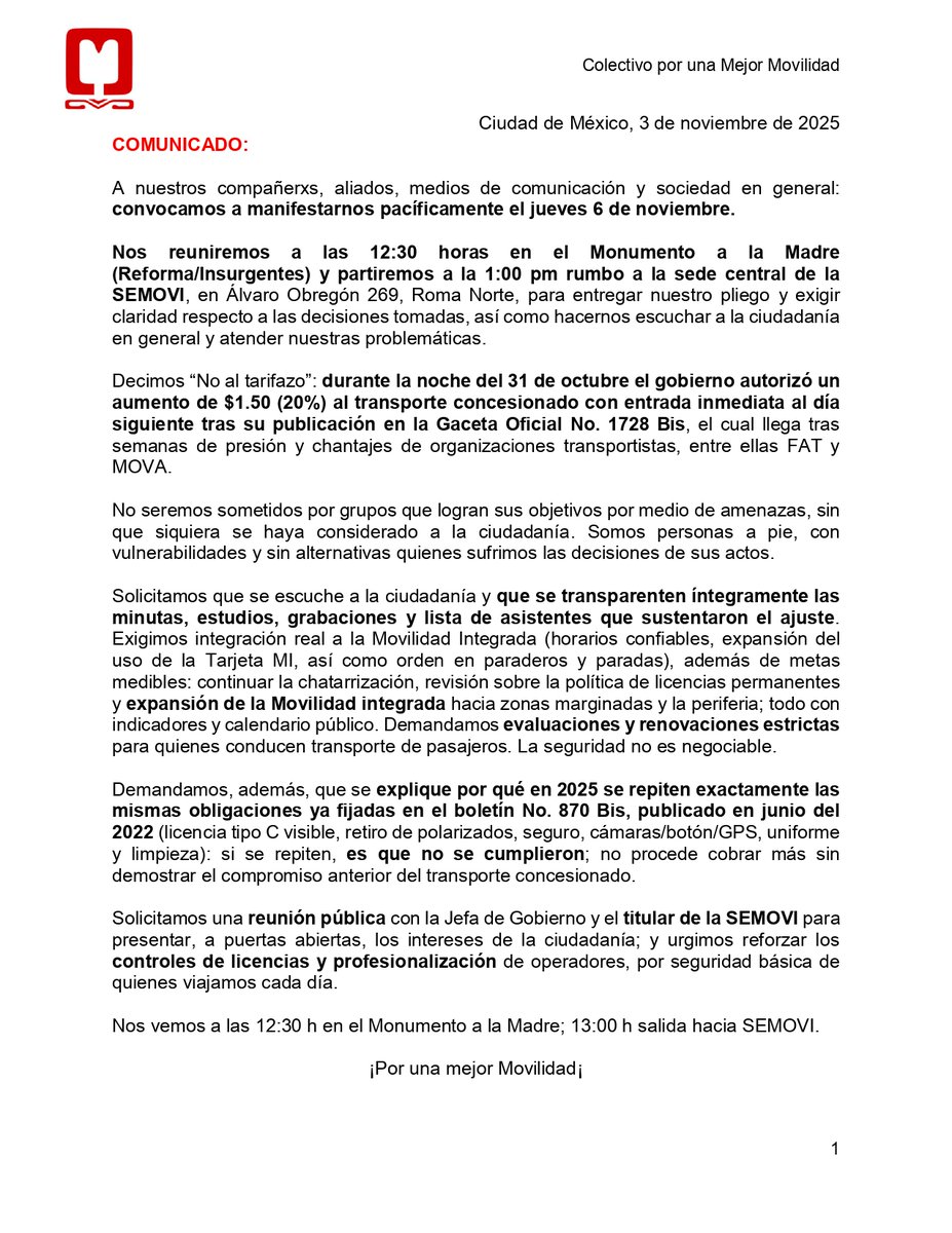 ¡La Movilidad es un servicio público, no un negocio!
Nos vemos el 6 de noviembre a las 12:30 pm, del Monumento a la Madre (Cruce Reforma/Insurgentes) a la SEMOVI.