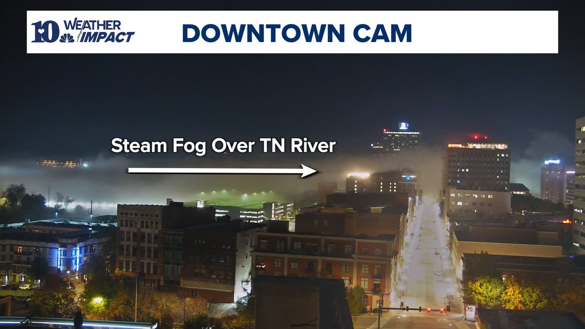 DOWNTOWN KNOXVILLE (MON 11:07 PM) | Fog is forming along the Tennessee River and drifting SE into downtown Knoxville. Elsewhere, areas of dense fog are expected to develop overnight, so use caution driving. Scattered areas of frost are also expected early Tuesday AM. #10weather