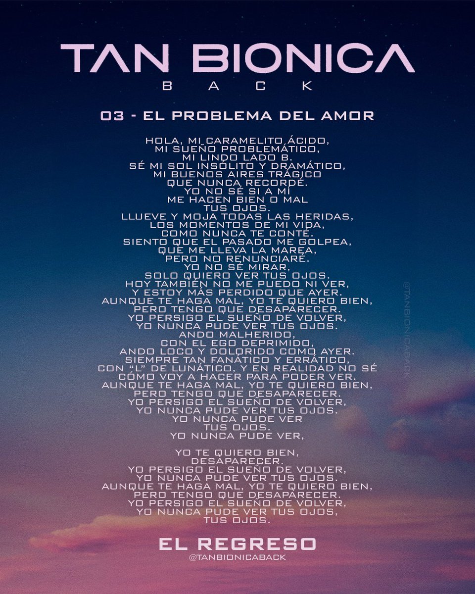 tanbionicaback's tweet photo. TODAS LAS LETRAS DEL NUEVO DISCO DE TAN BIONICA "EL REGRESO". HILO

#ElRegresoTB #TanBionicaElRegreso https://t.co/8UiZyBhCqr