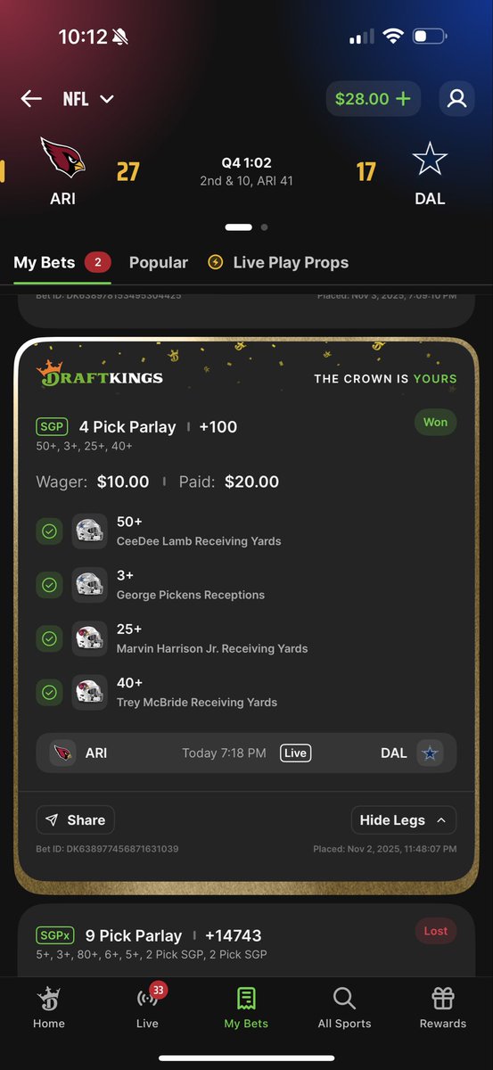 zclickz's tweet photo. @CallingOurShot A tad different but it cashed. Dk didn’t have the yards you picked for Pickens so changed it to receptions. https://t.co/mf5jttBZ8P