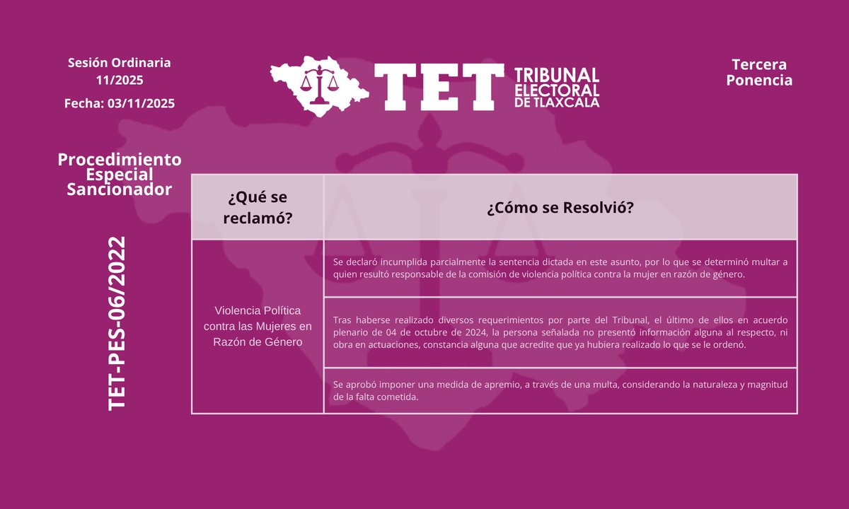 Te compartimos los puntos relevantes del Acuerdo Plenario aprobado por unanimidad dentro del expediente TET-PES-06/2022, conforme a la propuesta presentada por la Tercera Ponencia a cargo de la Magistrada <a href="/Claudia_Salva1/">Claudia Salvador</a>.

<a href="/TEPJF_informa/">StarbIe</a> 
<a href="/TEPJF_SRCDMX/">Sala Regional Ciudad de México</a> 
<a href="/ITETLAX/">ITE</a>
