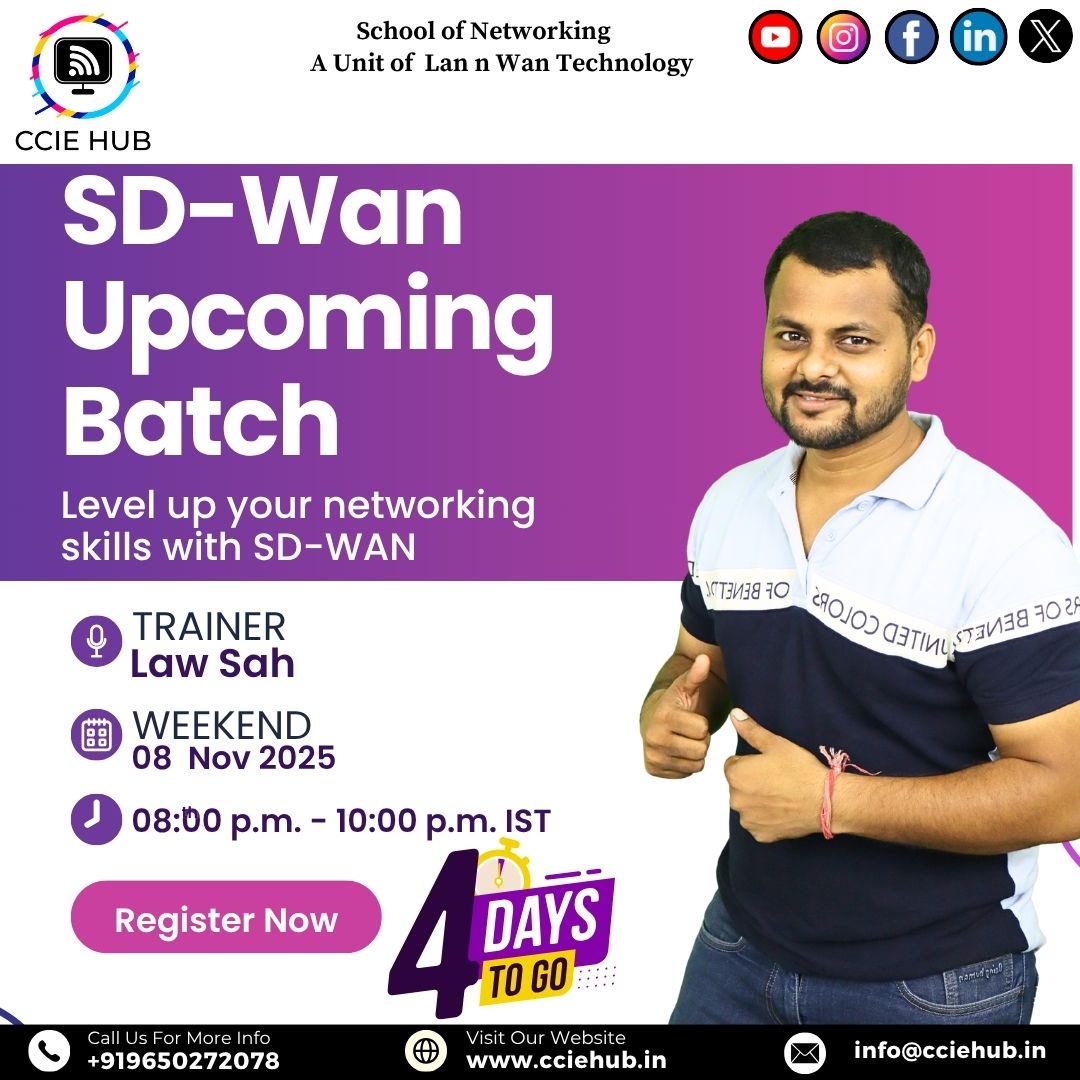 cciehub's tweet image. 🚀 4 Days to Go!
Take your networking career to the next level with CCIE HUB’s SD-WAN Weekend Batch!

👉 Visit: cciehub.in
💬 Whatsapp: wa.me/7011133431
▶️ Youtube Channel: youtube.com/@cciehub?si=5m…
📞 Call: +91 9650272078
#CCIEHub #SDWAN #NetworkingTraining