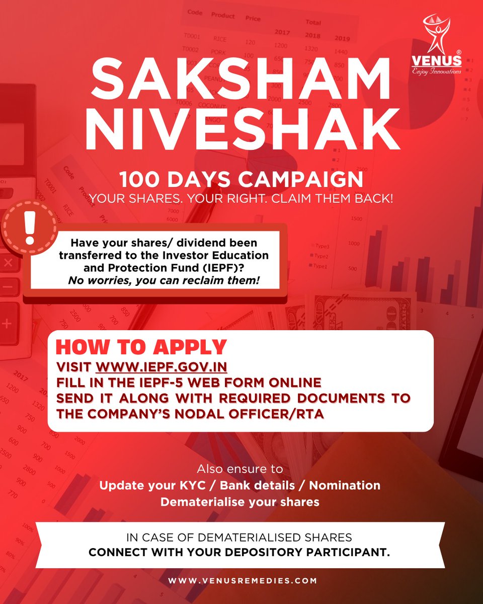 Reclaim your rightful shares with Venus Remedies!

If your shares/dividends have been transferred to the IEPF, don’t worry—you can claim them back! 

For more information, visit zurl.co/xh8I0

#SakshamNiveshak #ShareYourRights #VenusRemedies #InvestSmart