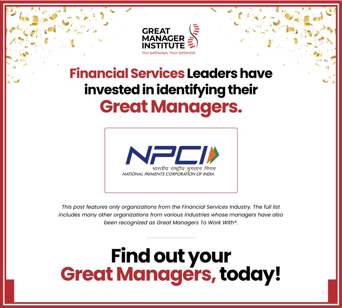 Celebrating Financial Services Leaders with Managers recognized as Great Managers To Work With®.  Kudos to this organization.

<a href="/NPCI_NPCI/">NPCI</a> 
Dilip Asbe, Nishith Chaturvedi.

#GMTW #Recognition