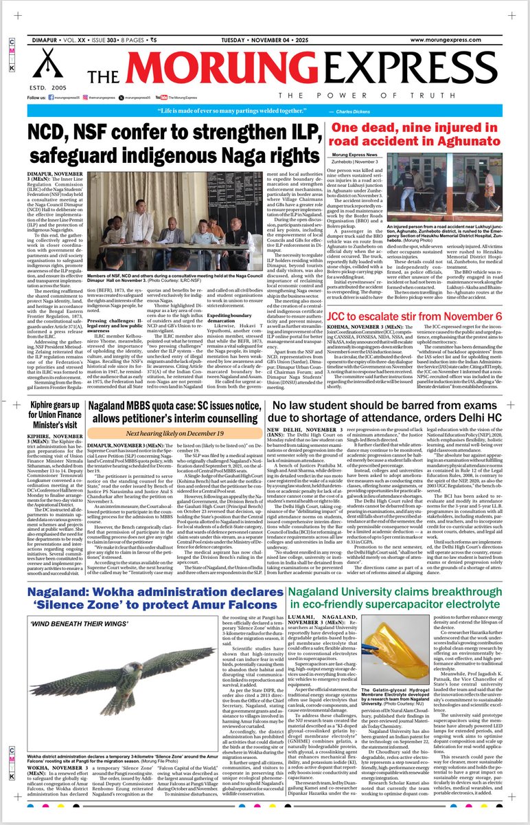 The Morung Express, Dimapur, Nagaland 
#FrontPage November 4...
Visit morungexpress.com to read in detail…