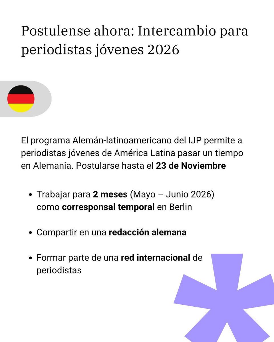 ¡Segunda llamadaaaa! 
✍️ Buscamos periodistas que quieran vivir una experiencia en Alemania.

El programa IJP ofrece becas para trabajar 2 meses como corresponsal en Berlín 🇩🇪.

📅 Cierre: 23 nov 2025
🔗 Consulta las bases: mexiko.diplo.de/mx-es/2381398-…