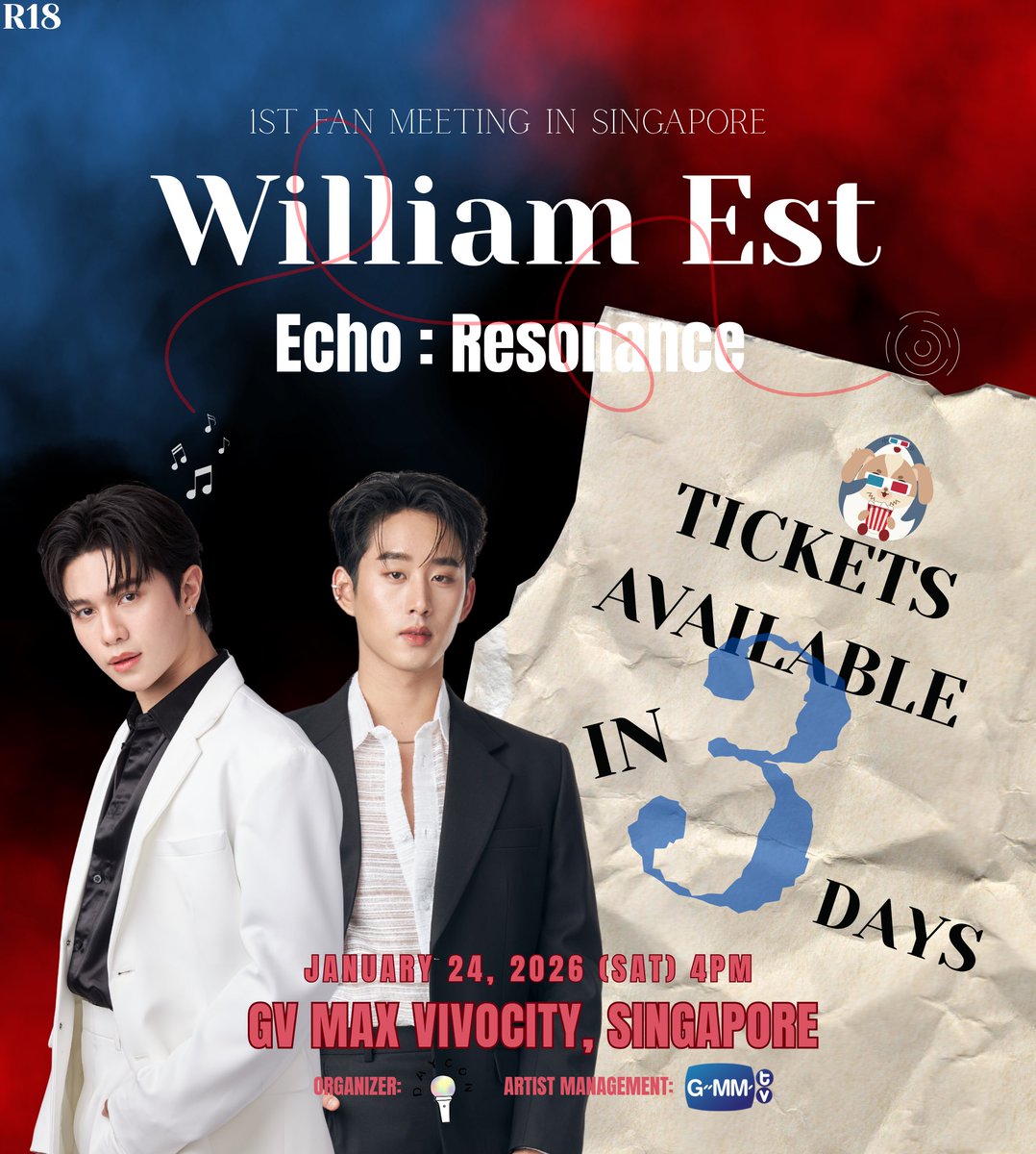 DAYCON_ENT's tweet image. 🎟️ TICKET SALE REMINDER 🎟️

Only 3 DAYS LEFT until tickets for WILLIAMEST 1st FAN MEETING “ECHO
RESONANCE” IN SINGAPORE go on sale!

Don’t miss your chance to be part of this unforgettable night 💙

🗓️ On sale: 7 November 2025, 1 PM (SGT) 

🌐 Get your ticket at…