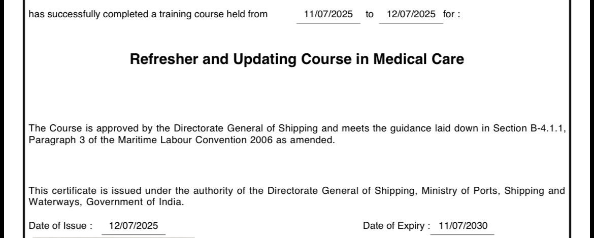 ashushar2129's tweet photo. @dgshipping_IN As per DG MS notice 13/2020, MFA/Medicare refresher is not mandatory, however the certificate comes with expiry date. On the other hand the main course doesn’t have any expiry written. Why to have expiry for a course which is not mandatory. https://t.co/65ut0ShtsT