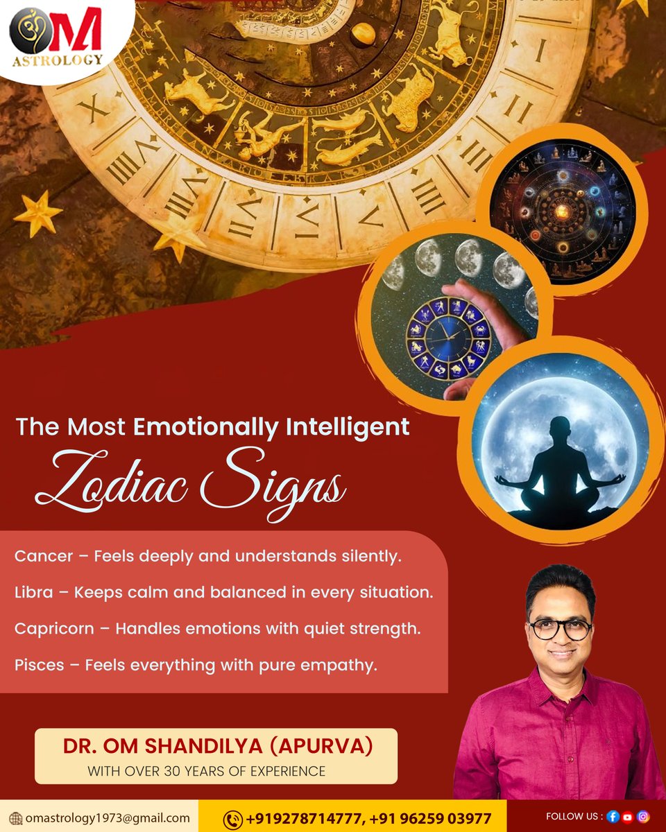 om_apurva's tweet image. ✨ Most Emotionally Intelligent Signs ✨
💖 Cancer – Deeply feeling
⚖️ Libra – Calm &amp;amp; fair
🪶 Capricorn – Strong &amp;amp; steady
🌊 Pisces – Pure empathy

They feel, connect &amp;amp; heal. 💫

#ZodiacSigns #DrOmShandilya #AstroInsights