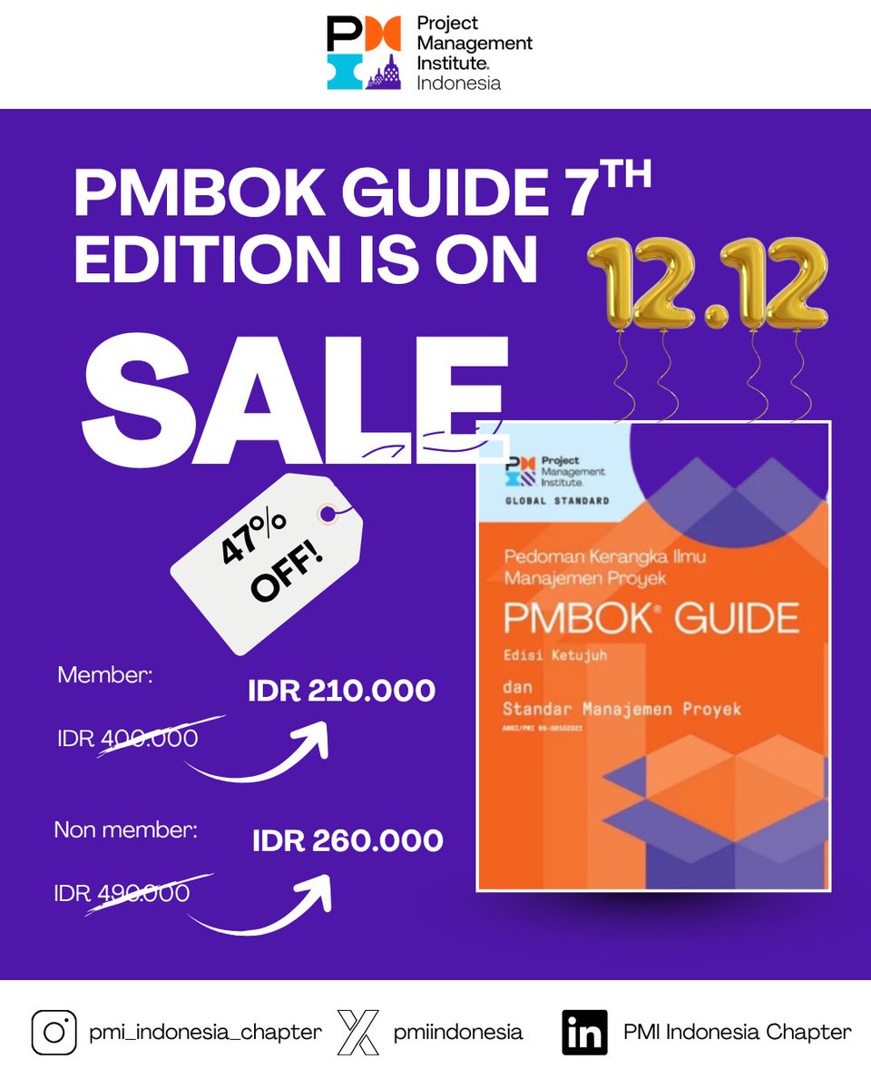 12.12 Launch

🎊 12.12 is here!
Shop smart, learn smarter — up to 47% OFF PMBOK 🌟
🛒 tokopedia.com/pmiid

#PMBOK #ProjectManagement #PMIIndonesiaChapter #PMIIC #1212Sale #DecemberDeals