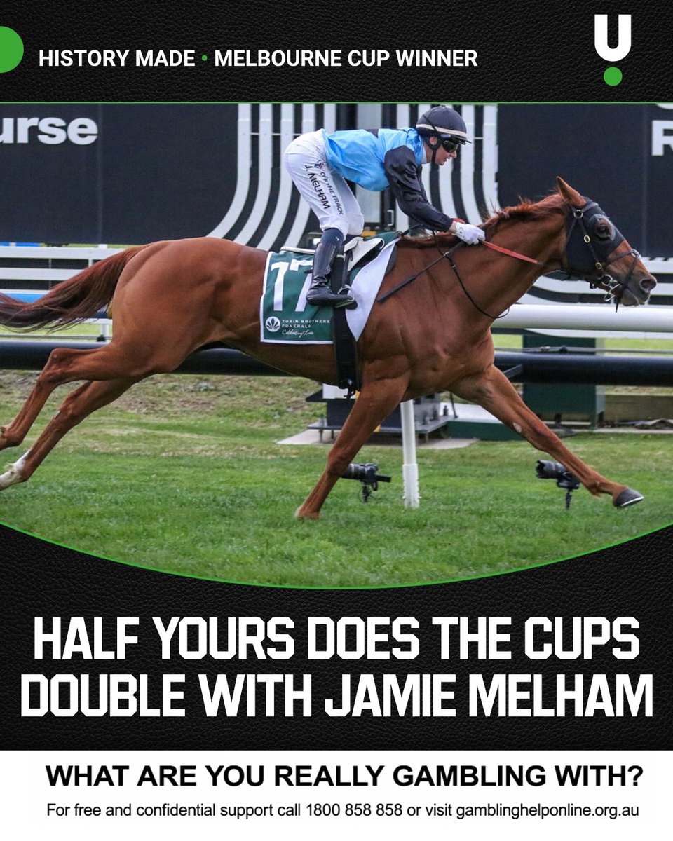 UNIBETAustralia's tweet photo. Jamie Melham becomes the the first woman to complete the Caufield and Melbourne Cups double with Half Yours! 🏆 🏆 

#HalfYours #MelbourneCup #JamieMelham https://t.co/lAoACApdly