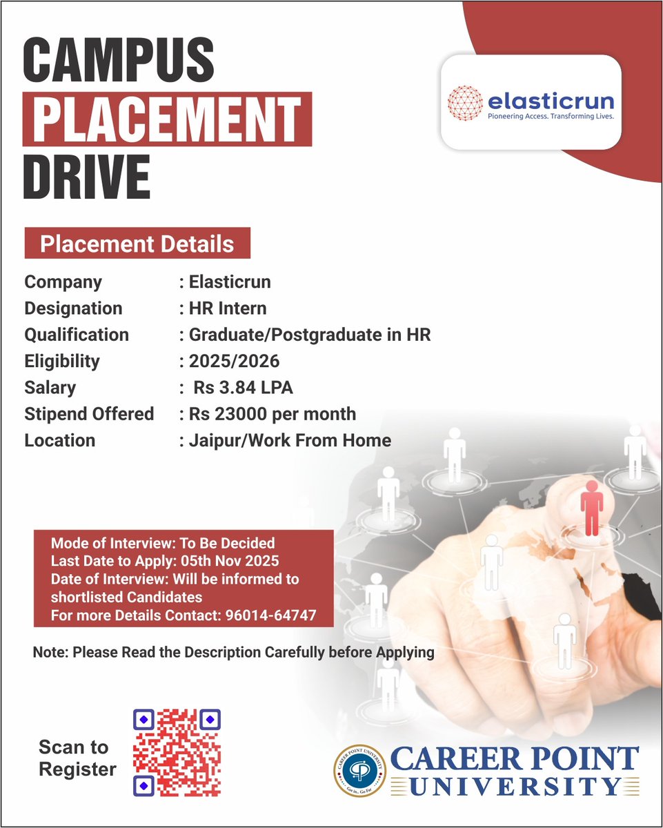 cpukota's tweet image. 🚀 Campus Placement Drive Alert!

💼 Company: Elasticrun
🎯 Designation: HR Intern
🎓 Qualification: Graduate/Postgraduate in HR
💰 Salary: ₹3.84 LPA
📍 Location: Jaipur / Work From Home

#CareerPointUniversity #CampusPlacementDrive #Elasticrun #CPUPlacements #StudentSuccess
