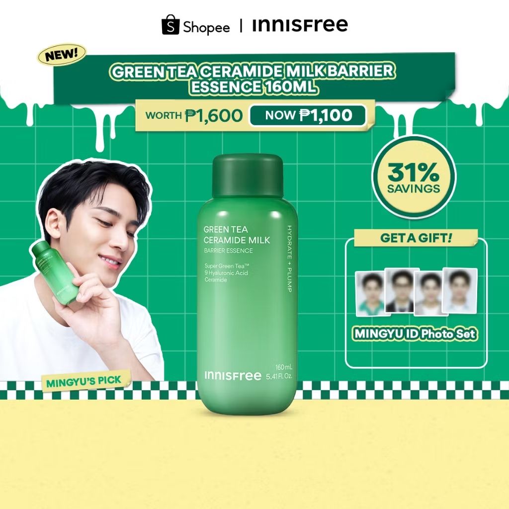 MsLeftAndRight's tweet image. Innisfree Green Tea Ceramide Milk Barrier Essence with free Mingyu ID photo set 💚🤩 s.shopee.ph/7pl9ZVDUNJ?sha…