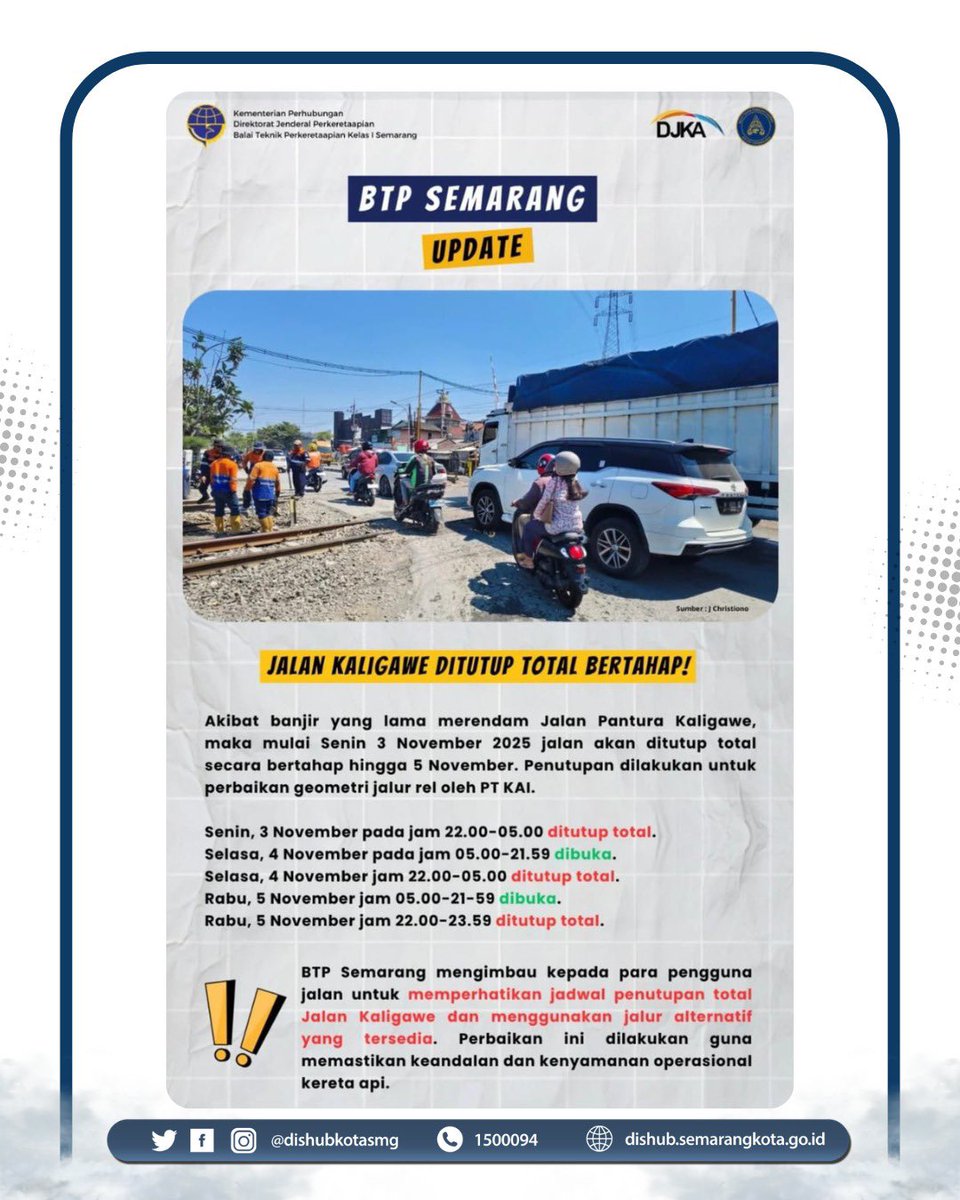 📍 Pengaturan Lalu Lintas – Perbaikan Rel Kaligawe
Petugas Dinas Perhubungan Kota Semarang bersama pihak terkait melakukan pengaturan arus lalu lintas di sekitar lokasi perbaikan rel Kaligawe guna menjaga kelancaran dan keamanan pengguna jalan.