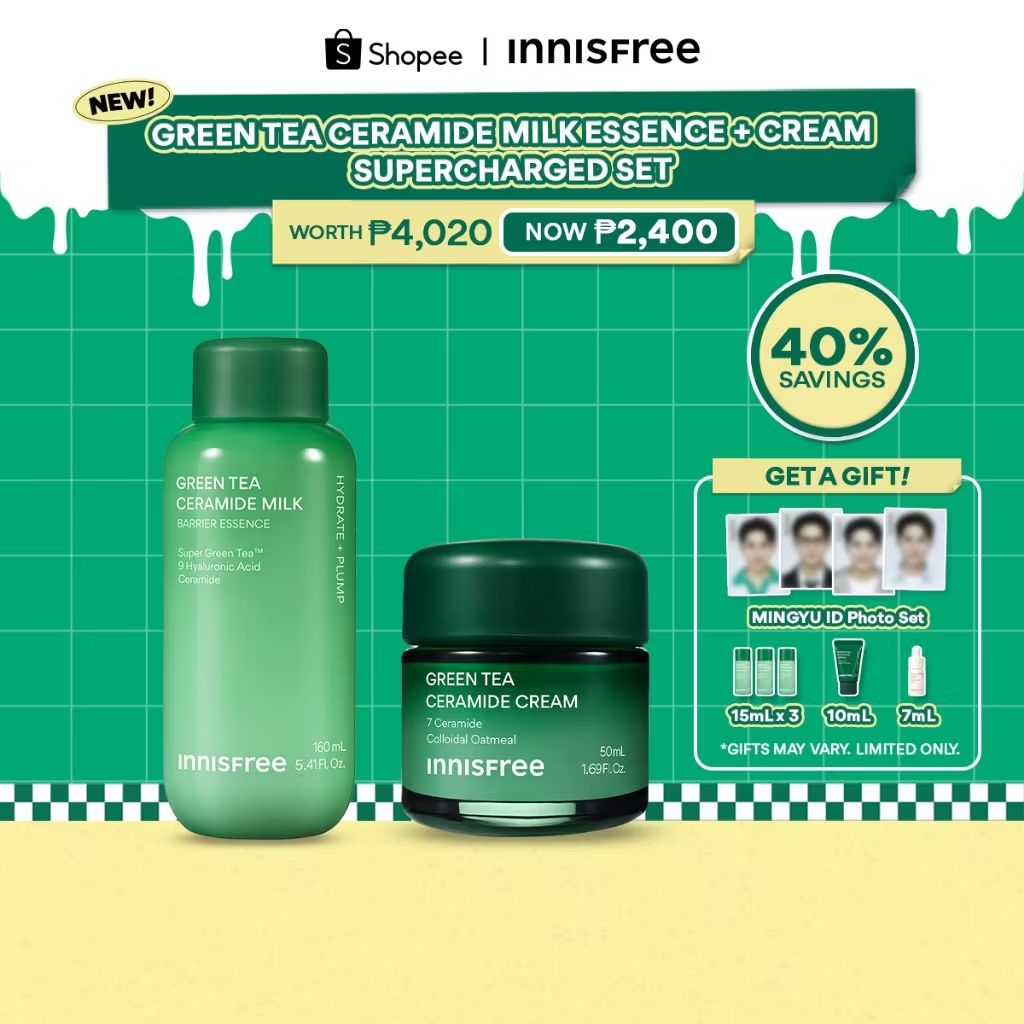 MsLeftAndRight's tweet image. innisfree Green Tea Ceramide Milk Essence + Cream Supercharged Set with free samples and Mingyu ID photo set 💚🤩 s.shopee.ph/6VFlz8G41M?sha…