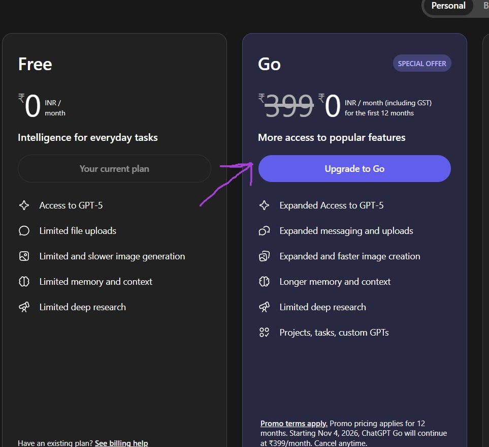 ChatGPT Go is now FREE for all Indian users for 12 months! 

How to activate:
1. Open chat GPT &amp; Click on Upgrade free
2. Click Upgrade to Go
3. Enter Basic details and setup Autopay
4. After setting-up Autopay
5. After Get Upgraded, Go and CANCEL/REVOKE AUTOPAY MUST
#ChatGPT