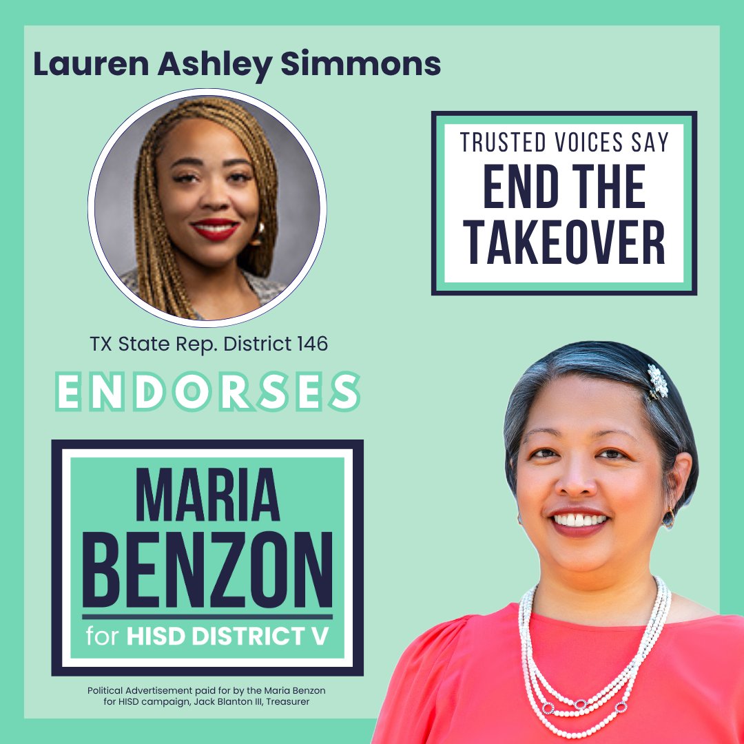 benzon4hisd's tweet photo. @LASimmonsTX146 endorses me for HISD Trustee in District V! 10 hours until the polls close - Find your nearest polling site at https://t.co/2E4JBGguLb
#vote #benzon4hisd https://t.co/2Eru1GNHP0