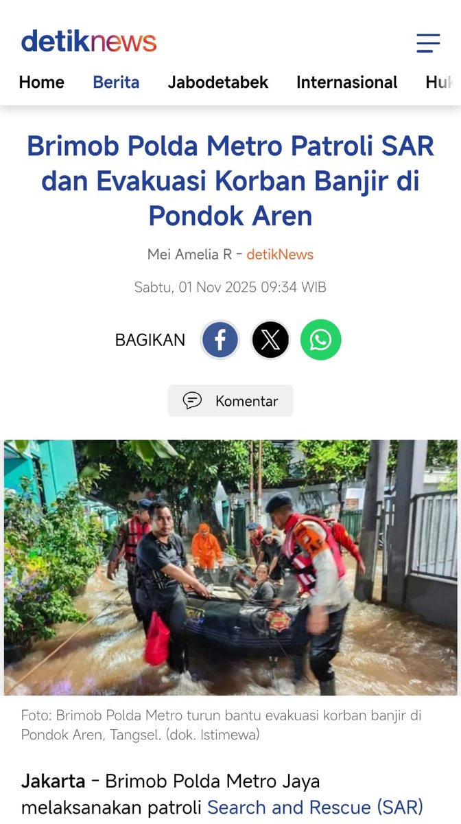 Ikut prihatin atas terjadinya Banjir di Pondok Aren,  semoga  koordinasi antara Brimob Polda Metro Patroli SAR untuk pembersihan material longsor yang menutup akses  masyarakat agar waspada terhadap potensi bencana di musim penghujan #SiagaHadapiBencana Waspada Kunci Keselamatan