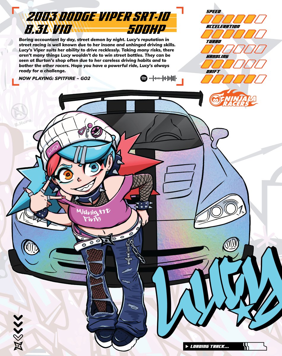 BookerKuro's tweet image. Coming up next we have our beloved daredevil Lucy! Lucy gambles everyone&apos;s wellbeing to come out on top even if it put herself at risk. Be sure to check your blind spot with this menace on the road 😈
#NinjalaRacers 
#Ninjala #ニンジャラ #Ninjalaart