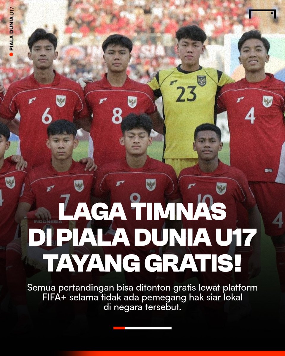 Tak perlu membayar, pertandingan tim nasional Indonesia dan semua laga lainnya di Piala Dunia U-17 2025 dapat dinikmati secara cuma-cuma di FIFA+. 🤩

Ini karena sejauh ini belum ada stasiun televisi atau layanan OTT lokal di Tanah Air yang memiliki hak siar turnamen tersebut. 🌏