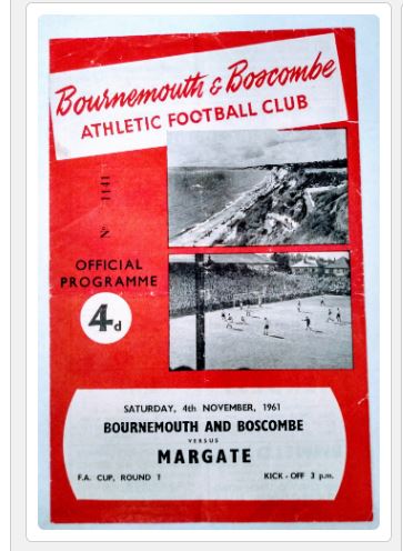 OTD, Nov 4th, 1961 arguably the biggest day in the history of <a href="/margate_fc/">Margate FC</a> who beat <a href="/afcbournemouth/">AFC Bournemouth 🍒</a> 3-0 at Dean Court in the 1st Round of the #FACup. Read this margatefootballclubhistory.com/fa-cup-1st-rou…  <a href="/MargateFC_progs/">Margate FC programmes of the past</a>   #bournemouth #margate ....