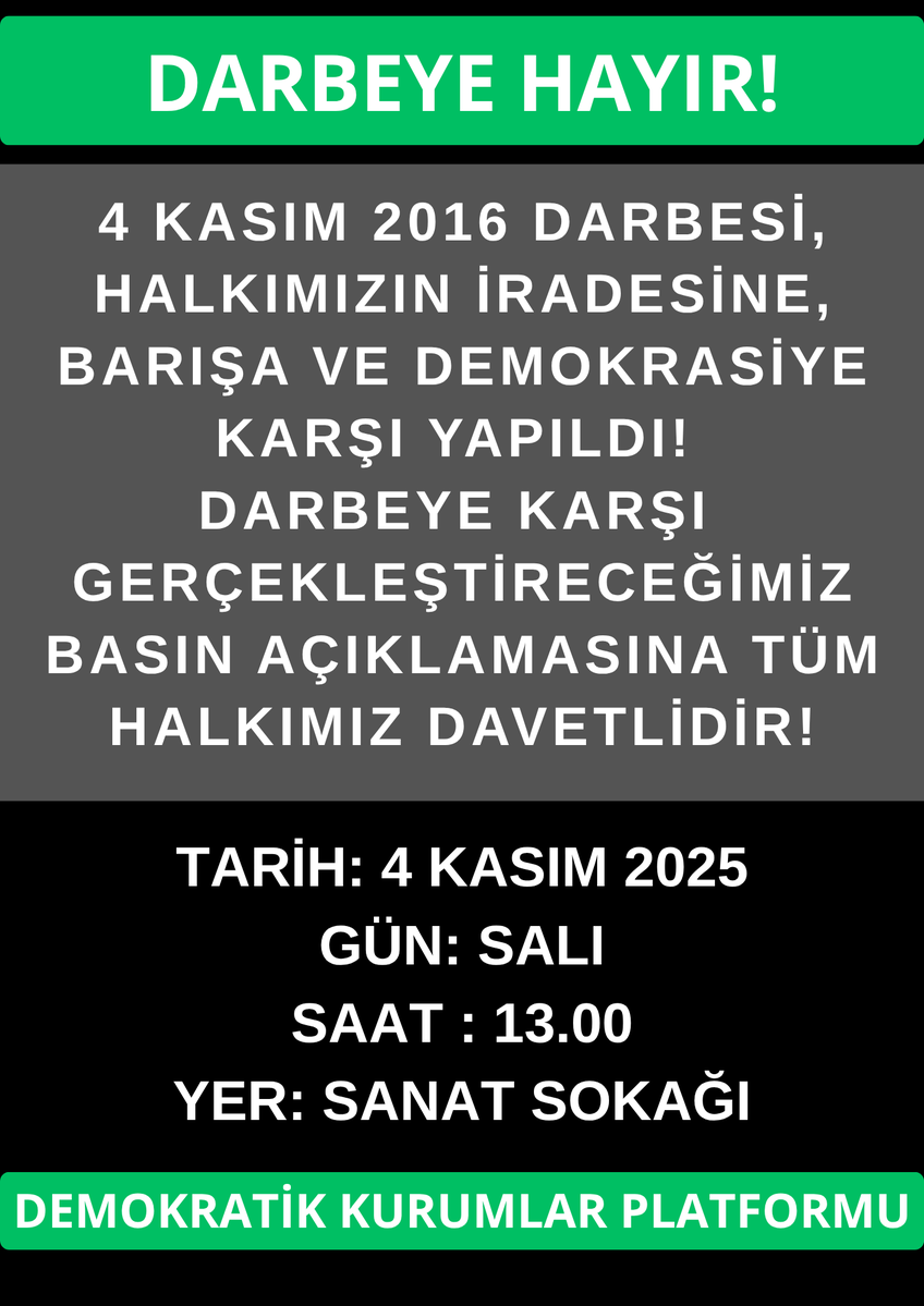 #4Kasım2016Darbesi'ne karşı bugün Van'da Saat 13.00'te Sanat Sokağında Gerçekleştireceğimiz basın açıklamasına tüm halkımızı davet ediyoruz. 

<a href="/gulsenkurtDEM/">Gülşen kurt</a> <a href="/VDilekci/">Veysi Dilekçi</a> <a href="/gonul_uzny/">Gönül Uzunay</a> <a href="/av_cemaldemir/">Cemal Demir</a> <a href="/AbdullahZeydan/">Abdullah Zeydan</a> <a href="/neslihansedal65/">Neslihan ŞEDAL</a>
<a href="/cnnuzunay/">Canan Uzunay</a> <a href="/RabiaBasakKoc/">Rabia Başak Koç</a> <a href="/akkosxane/">Hanım akkoş</a> <a href="/gler_temel/">Güler Temel</a>