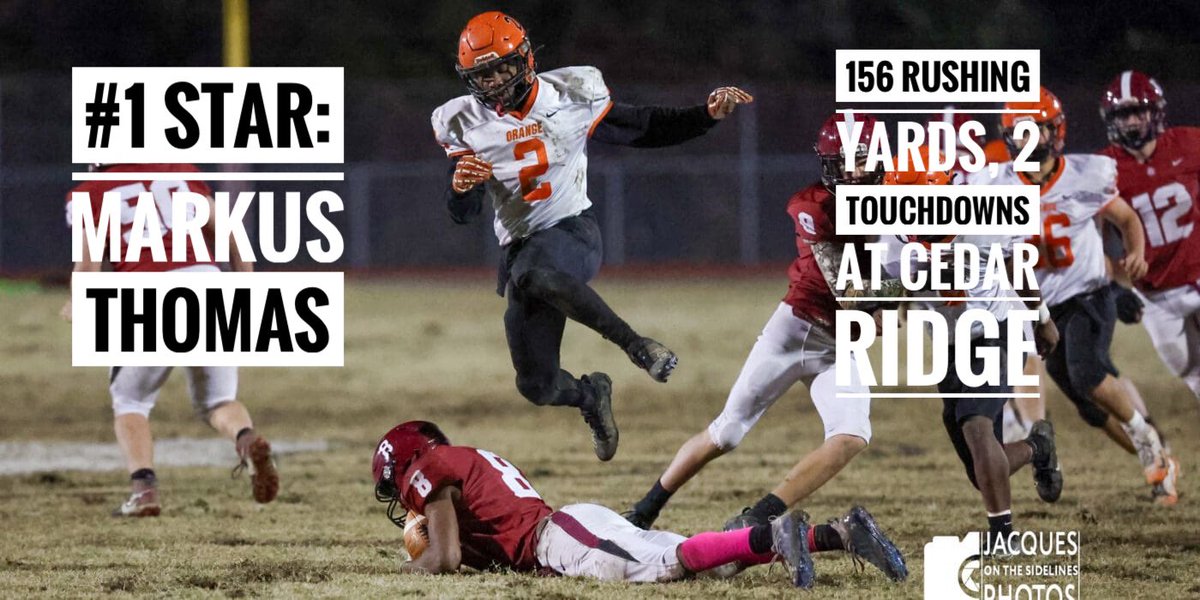 Three stars of Friday, October 31: 

⭐️⭐️⭐️Owen Phillips of Orange football: 21-yard touchdown run at Cedar Ridge

⭐️⭐️Kayden Bradsher of Orange football: 45-yard fumble return for touchdown at Cedar Ridge

⭐️Markus Thomas of Orange football: 156 rushing yards, 2 touchdowns at