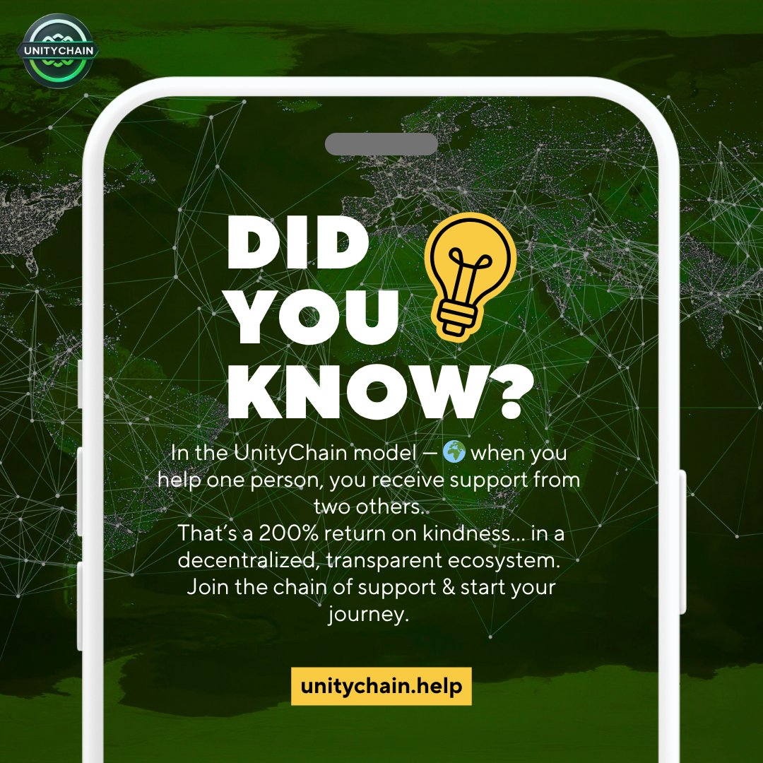 UnityChainHelp's tweet image. A model where contribution multiplies…
and community becomes the currency
This is the new era of trust
This is the future of global support systems

🔗 Start your journey: unitychain.help

#UnityChain #Web3 #DecentralizedFuture #PowerToPeople #FutureOfSupport